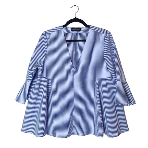 Tuckernuck Pomander Place Addie Blue Stripe 3/4 Bell Sleeve Blouse Medium Preppy - Picture 1 of 16